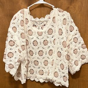 121. POL Crochet Patterned Sweater - Cream and Tan